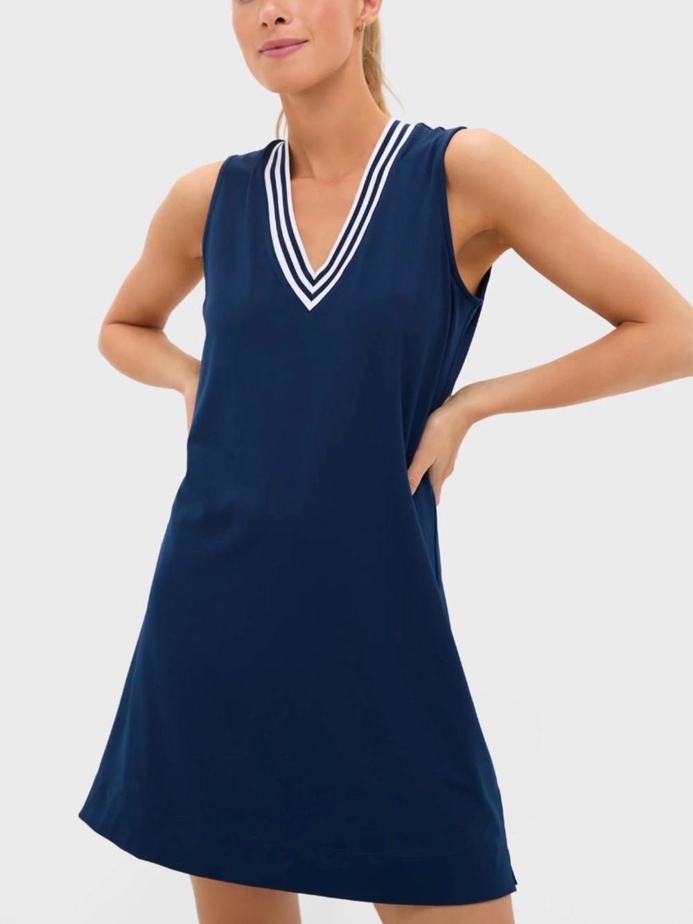 Tuckernuck Navy Sleeveless V-Neck Mini Dress with White Trim